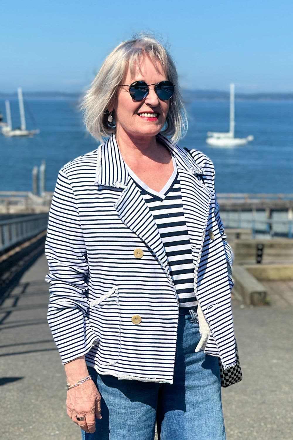 frank & Eileen striped peacoat on the coast
