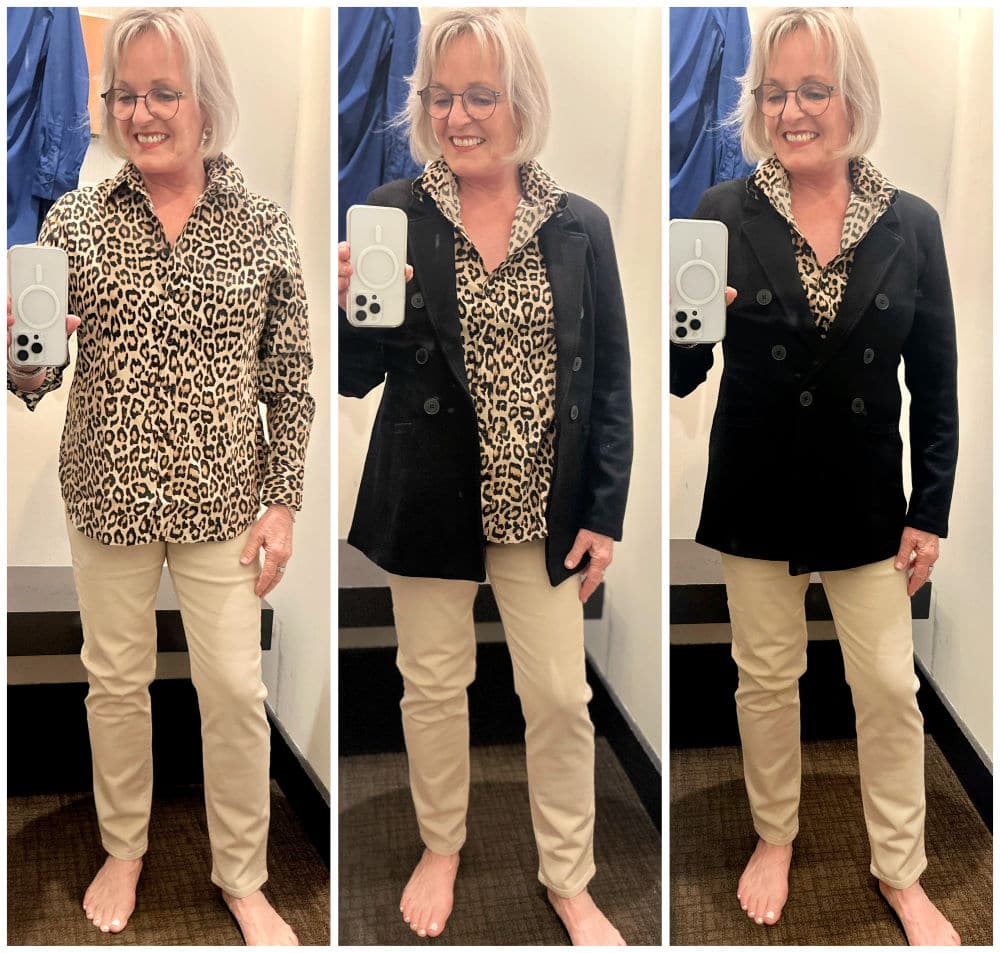 over 50 woman wearing leopard chicos shirt with black jacket and beige jeans