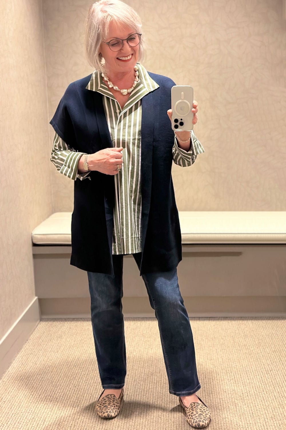 WOMAN WEARING J JILL STRIAGHT LEG JEANS AND NABY GILLET VEST