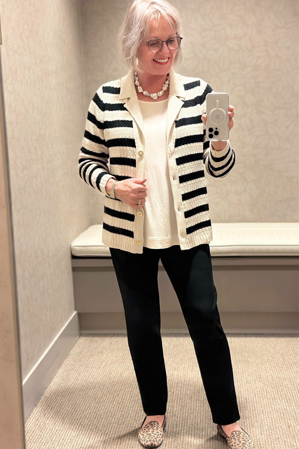 woman wearing striped cardigan and black pants from Wearever collection at J. Jill
