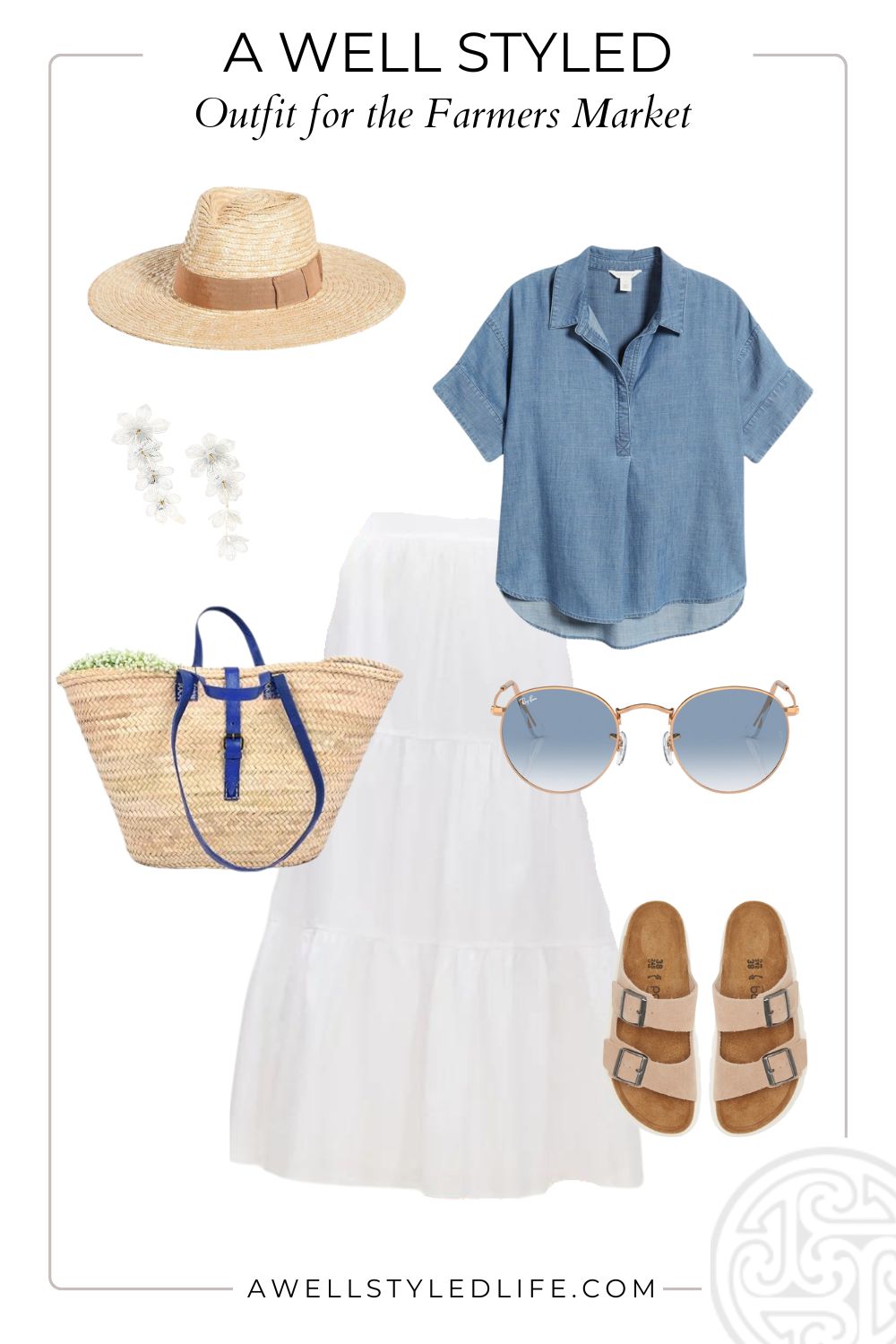 farmers market outfit with straw hat, bag, white skirt and chambray shirt.