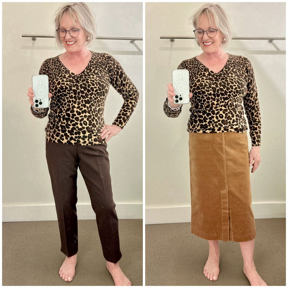 older woman wearingTalbots leopard print sweater with brown pants and also with camel corduroy midi skirt