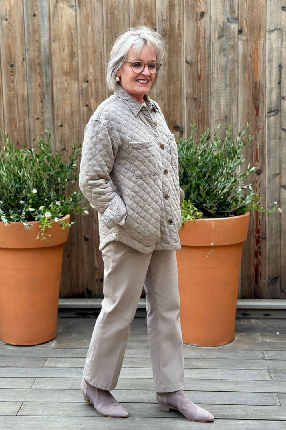 Monochromatic Beige Quilted Jacket and Tan Pants with Booties for Fall