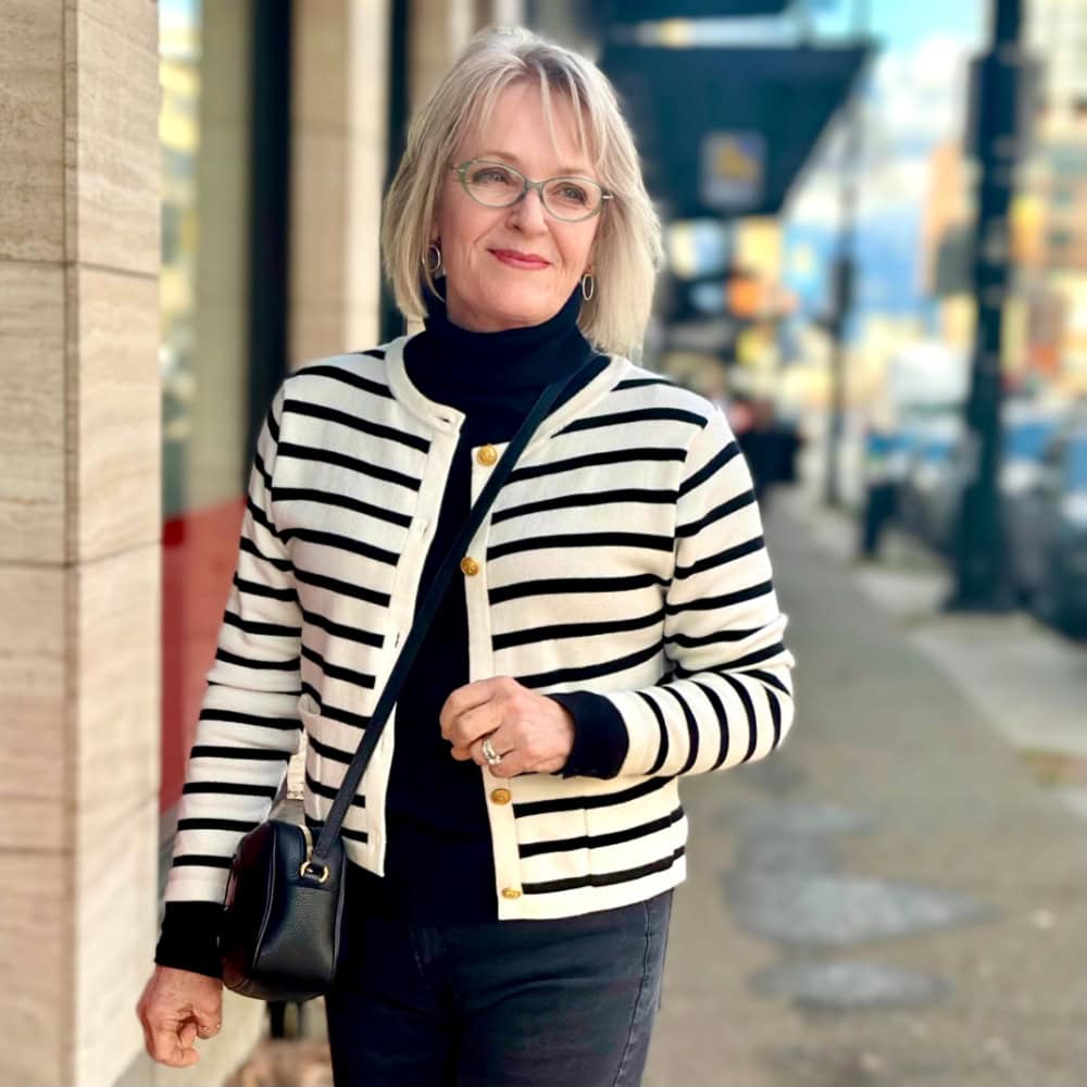 woman wearing striped ;ady jacket from amazon