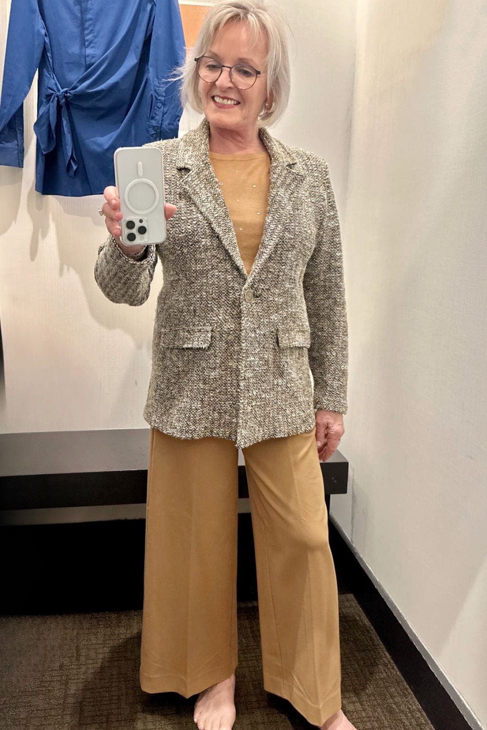 woman wearing chico’s ponte pants and blazer