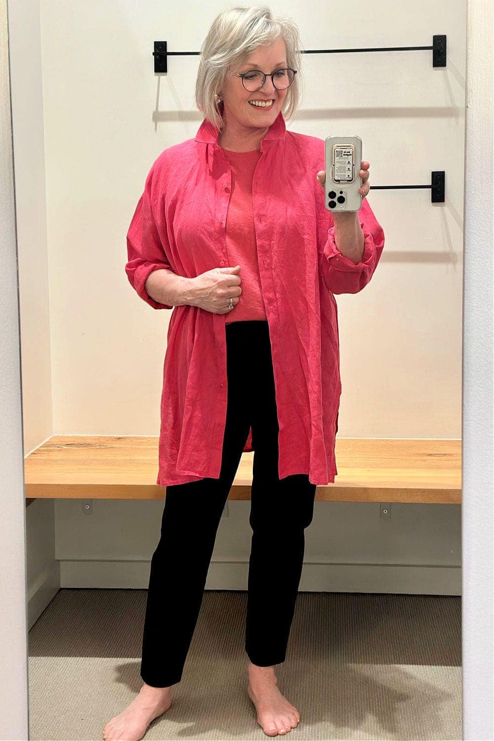 woman wearing red top aan black ponte knit pants