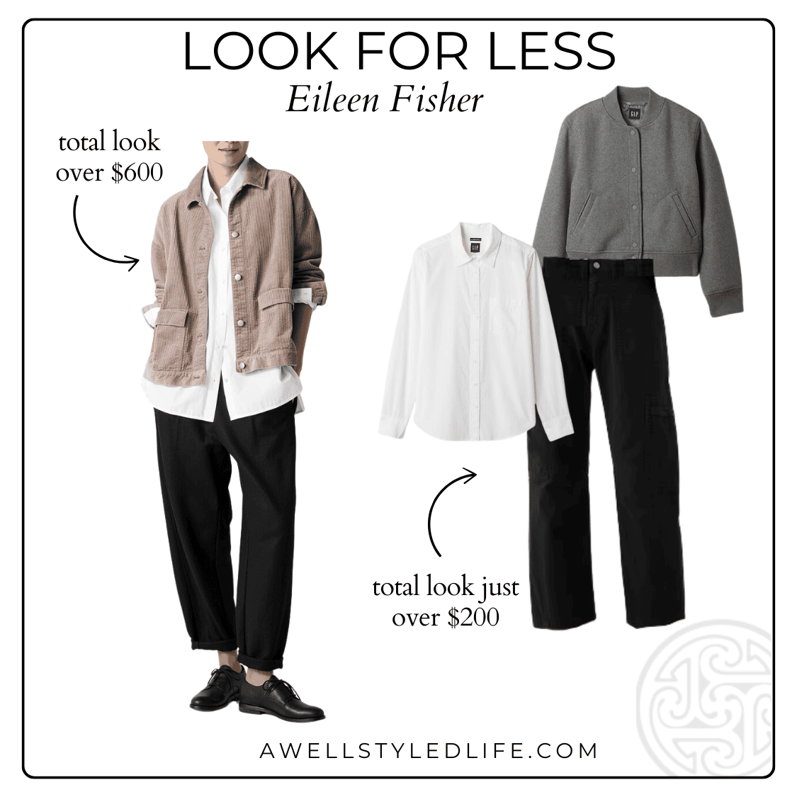 collage showing outfit ideas for getting the eileen fisher look on a budget
