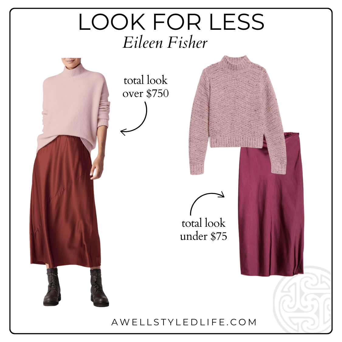 collage showing how to get the eileen fisher look for less