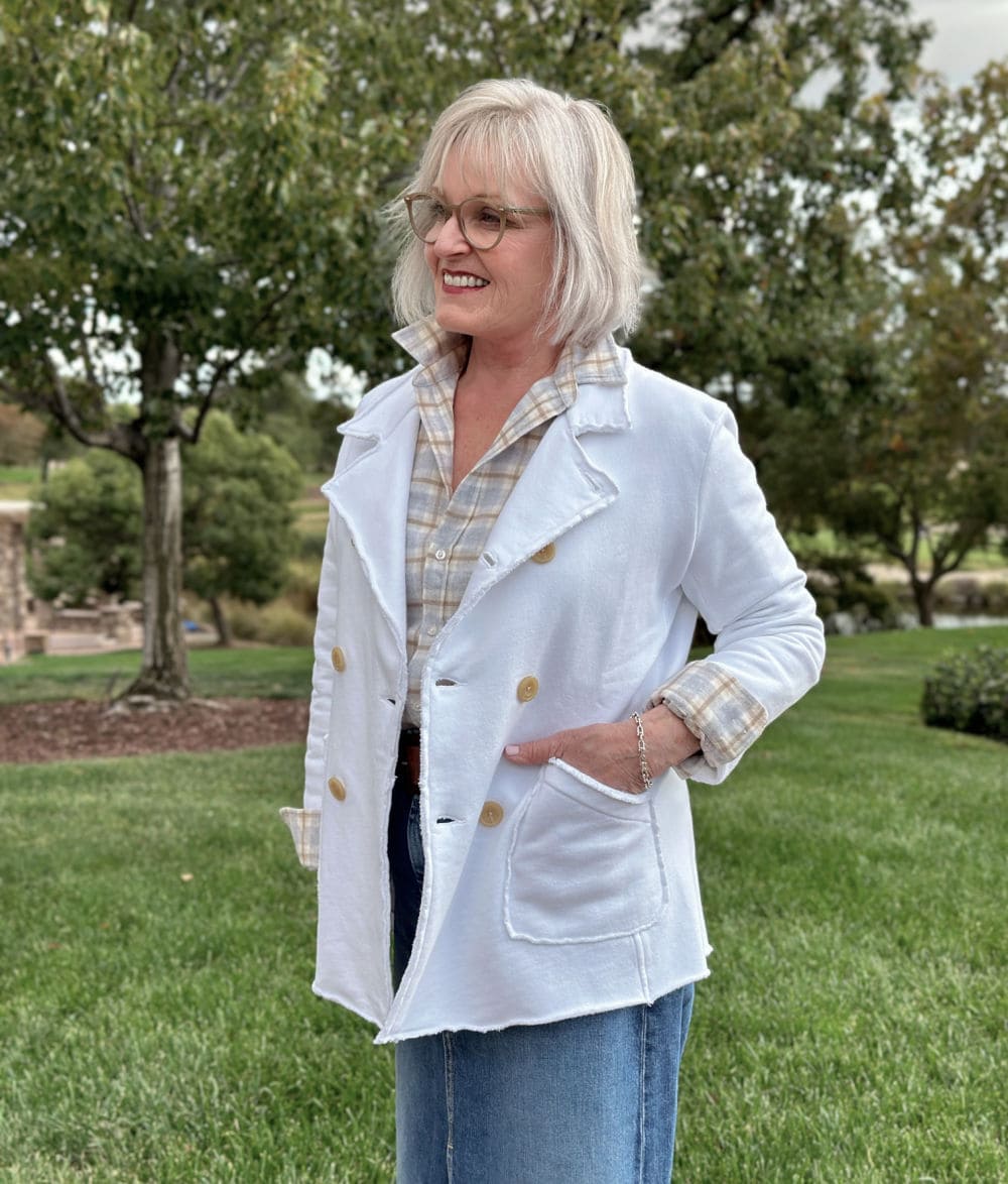 white triple fleece jacket on Jennifer from A Well Styled Life