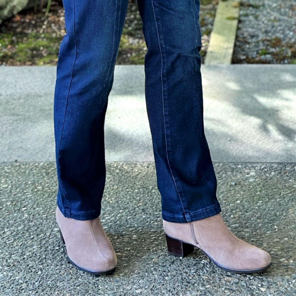 Munro Suede Bootie styled with denim on sidewalk