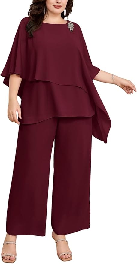 Hanna Nikole 2 Piece Chiffon Sets Ruffle Pant Suit Wedding Guest Outfit Plus Size