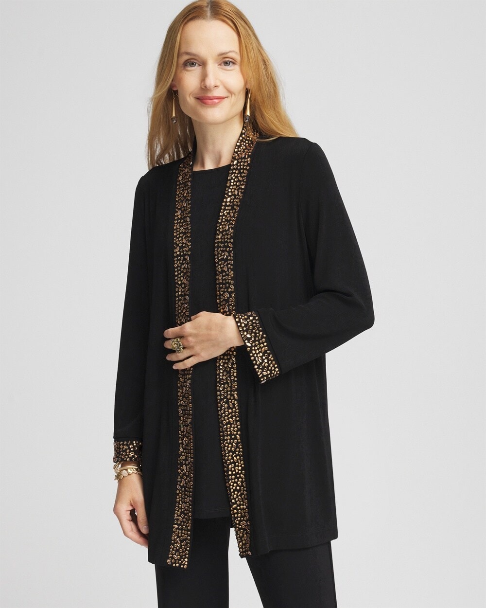 Chico's Travelers™ Rhinestone Embellished Cardigan wrinkle-free wedding guest pant suit jacket