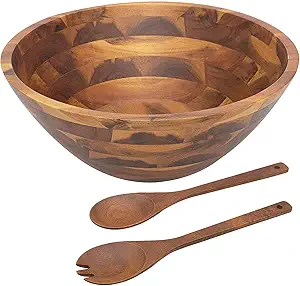 Large Acacia Wood Serving Bowl with Serving Utensils