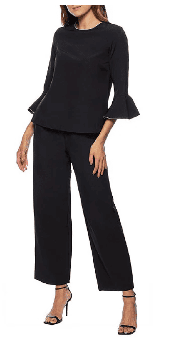 Marina Crew Neck 3/4 Bell Sleeve Rhinestone Trim 2-Piece Pant Set for wedding or event