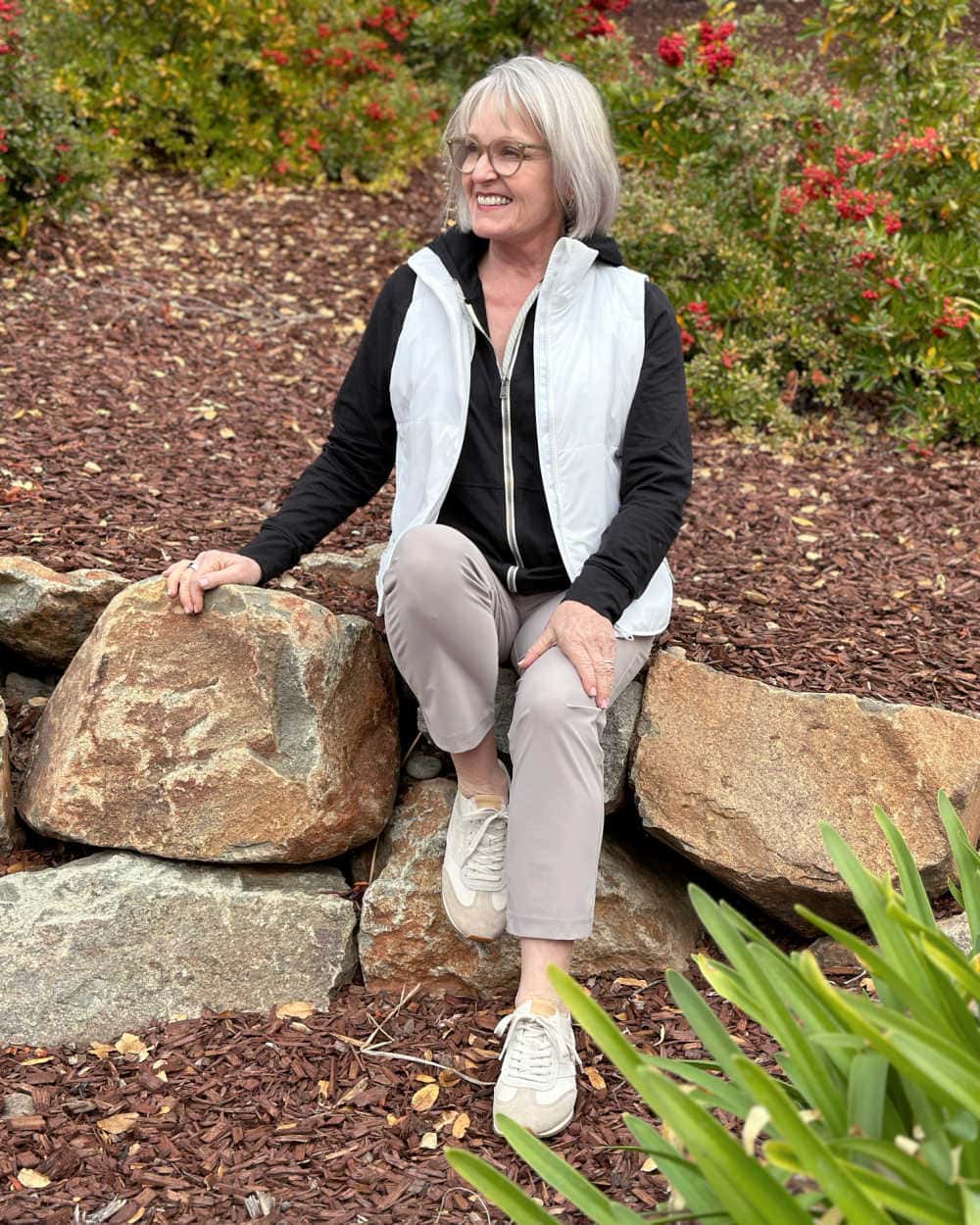 older woman wearing vuori athelisure wear for daily activities