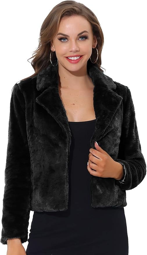Allegra K Cropped Faux Fur Jacket Holiday Festive Outerwear