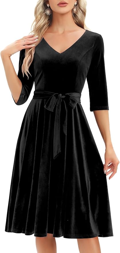 Long Sleeve Velvet Fit and Flare Dress Christmas Holiday Party Dress for Women over 50