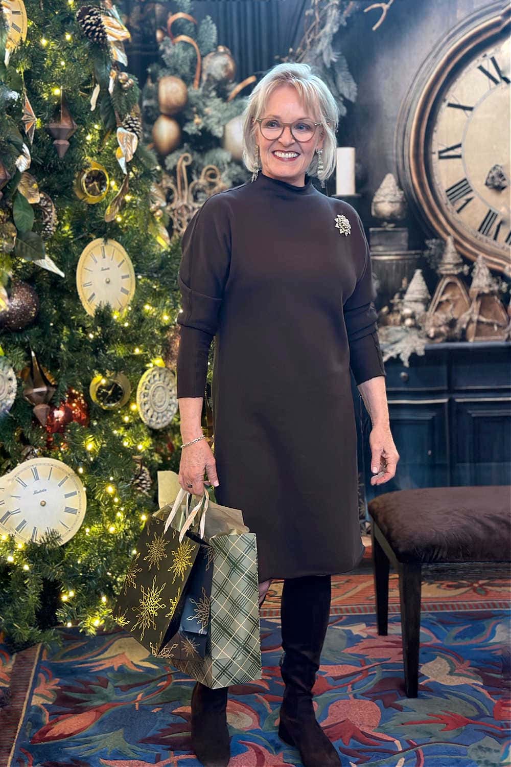 women dressing up frank and eileen sweatshirt dress with rhinestone broach and vintage earrings