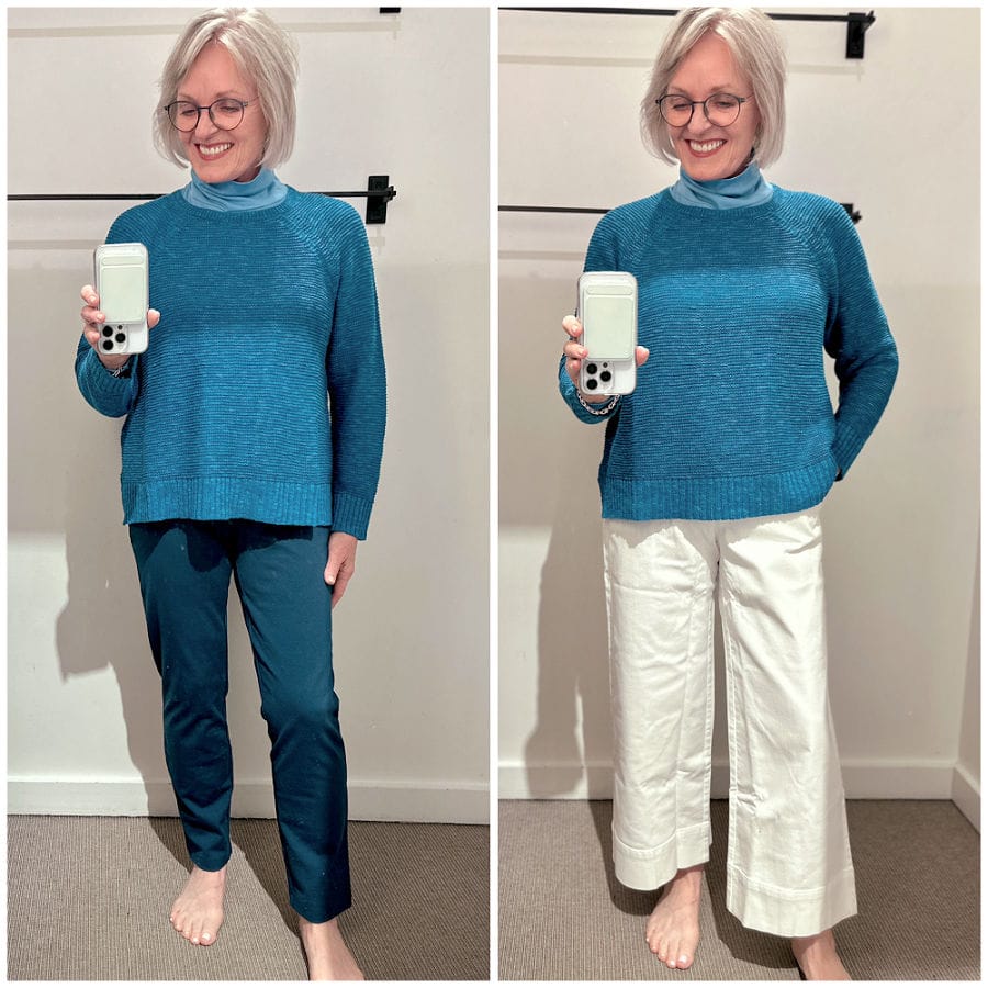 eileen fisher linen sweater over white pants in new march 2025 try-on
