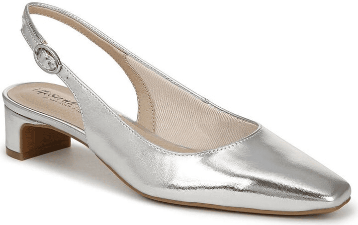 METALLIC SILVER SLINGBACK PUMP HEEL FOR OLDER WOMEN