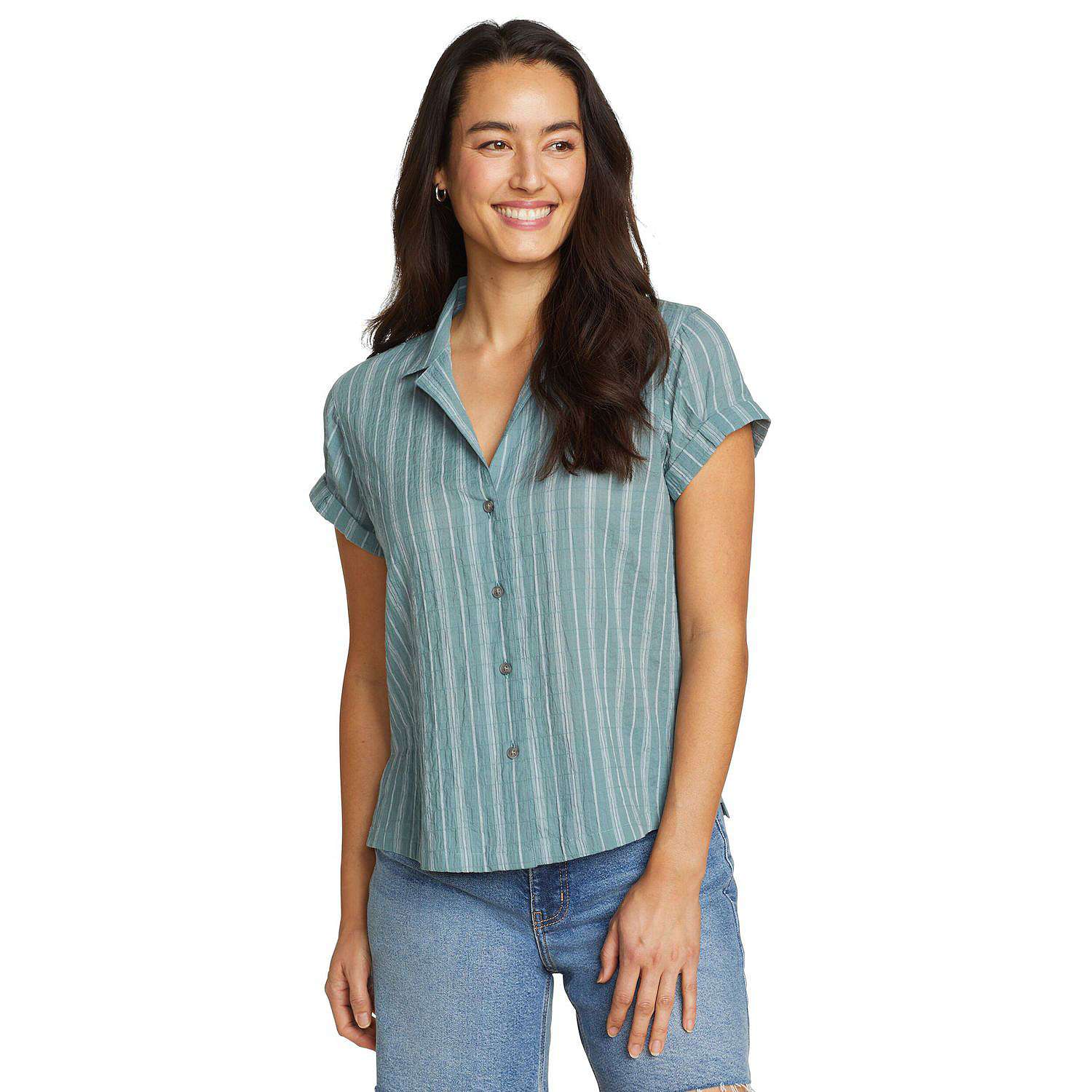 Affordable camp shirt for women over 50 styled with jeans
