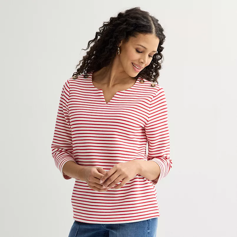 Striped V-neck top with button shoulders – budget-friendly Kohl’s fashion