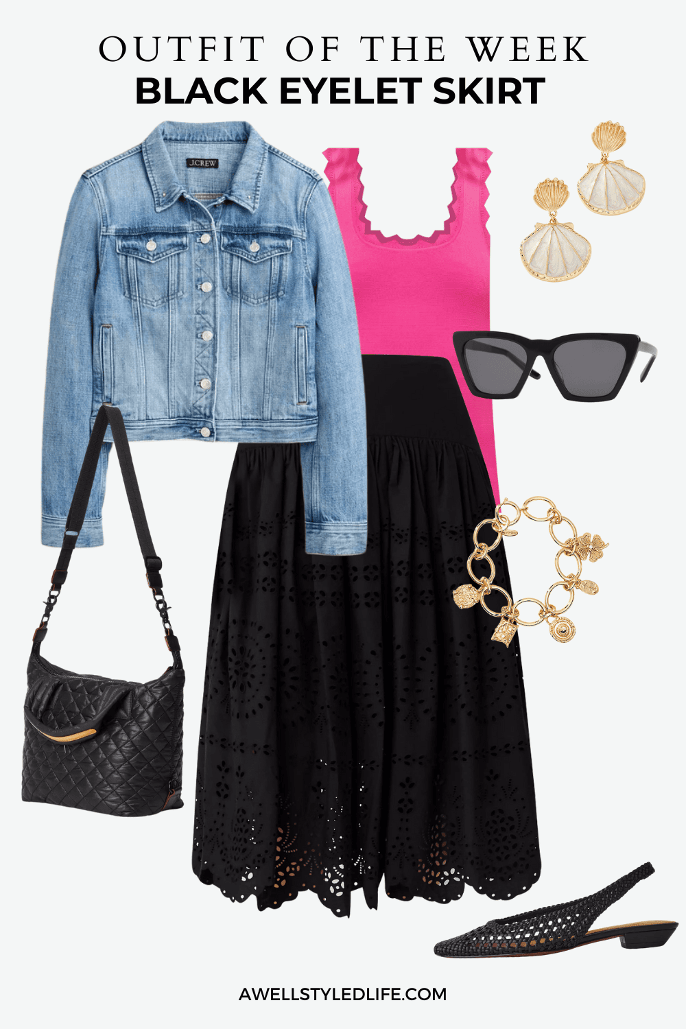 black eyelet skirt outfit for mature women inclucing a pink tank top and denim jacket 