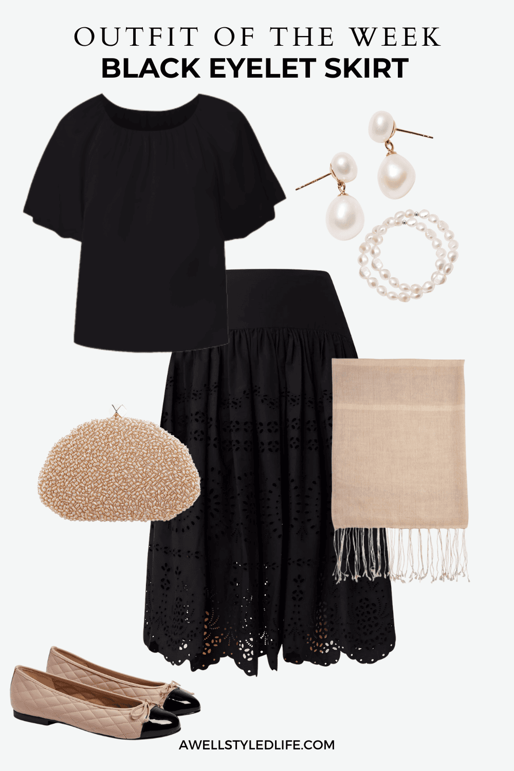 black eyelet skirt dressed up for a fancy occasision with black top, silk wrap and beaded purse