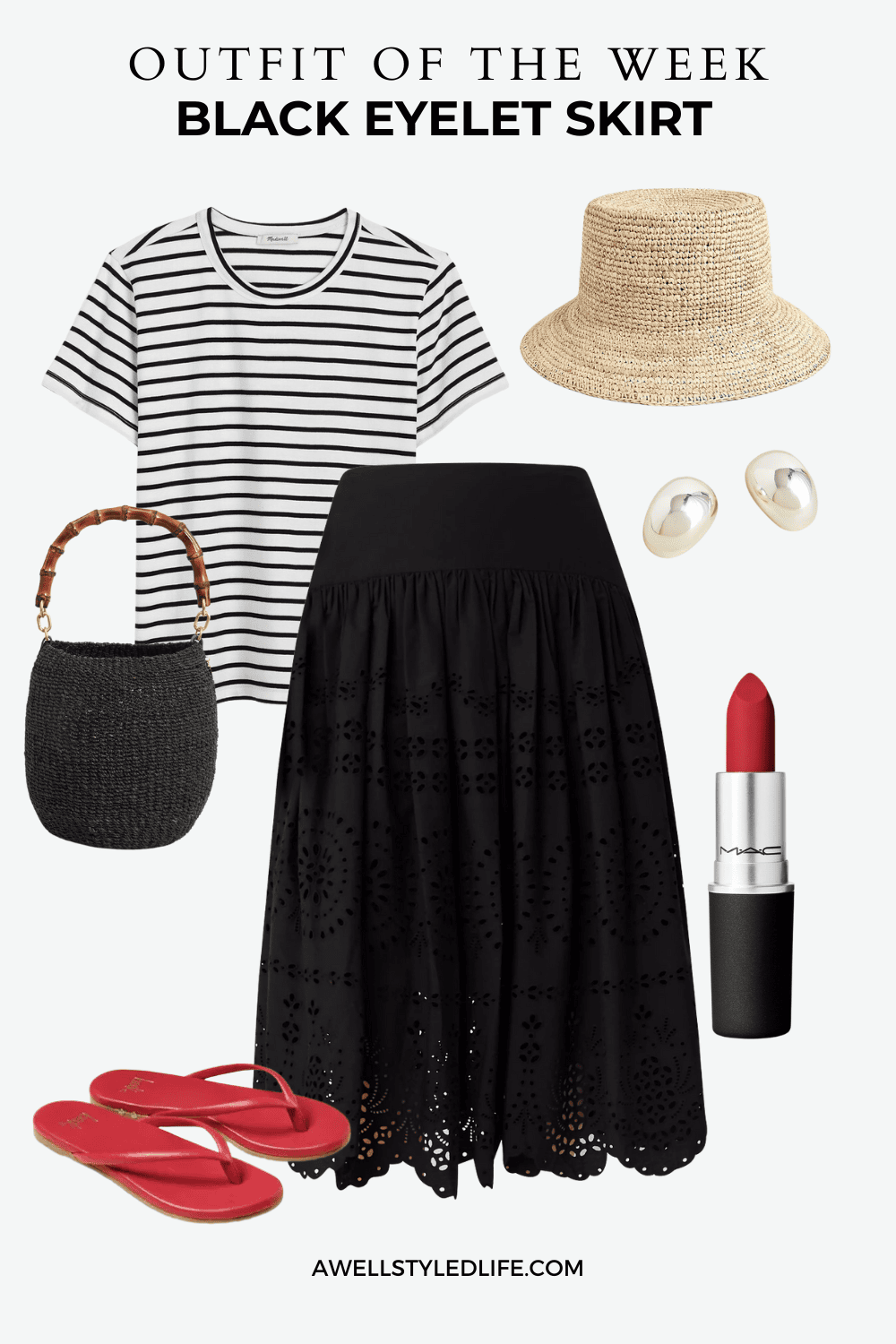 outfit with black eyelet midi skirt red beek flip flops claire v honey pot bag and silver earrings