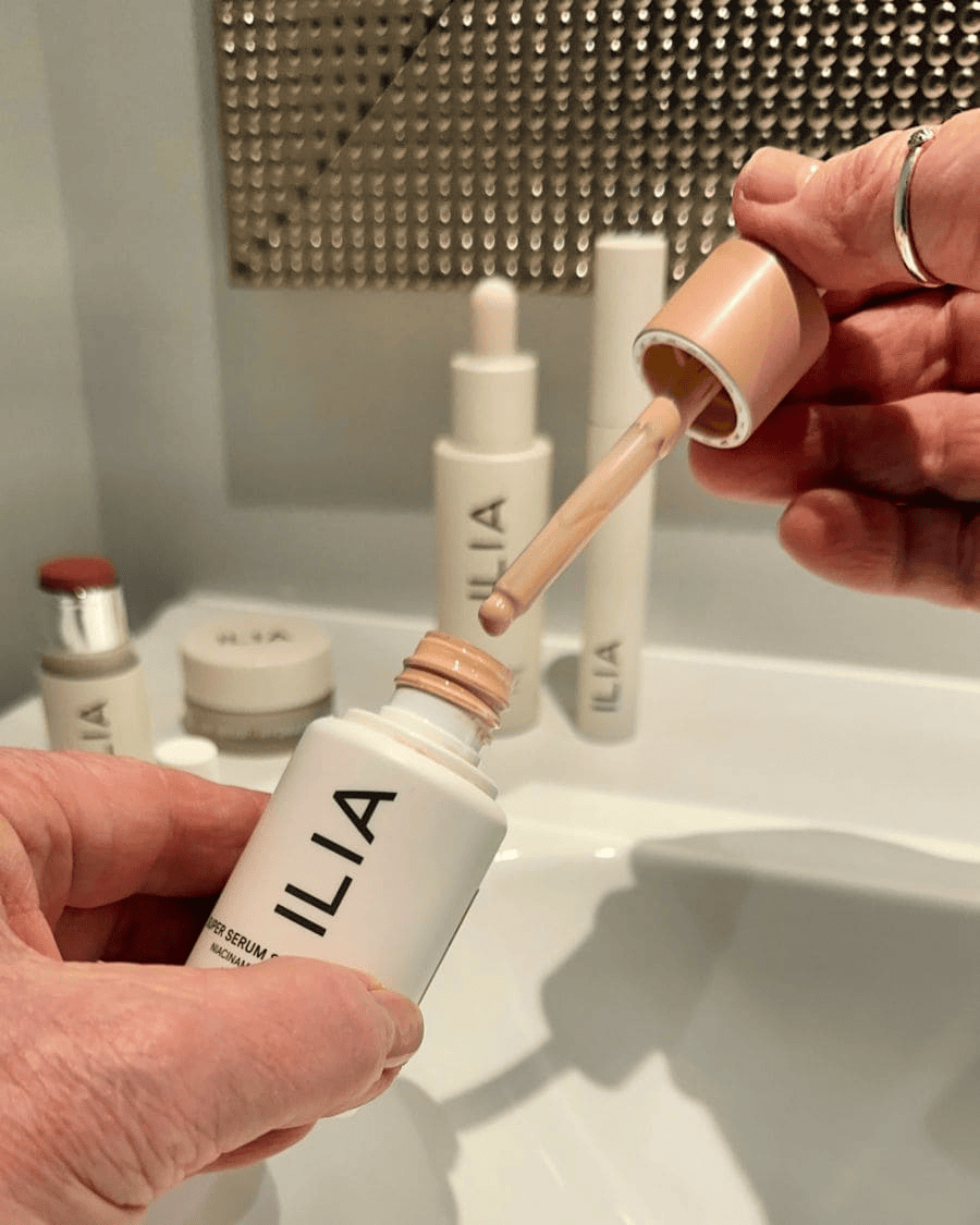 ILIA Super Serum Skin Tint SPF 40 bottle on a white background, clean beauty foundation for mature skin
