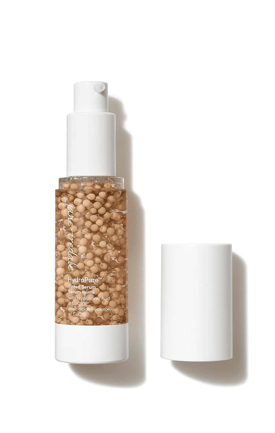 Jane Iredale HydroPure tinted serum bottle, lightweight hydrating formula with coQ10 and hyaluronic acid