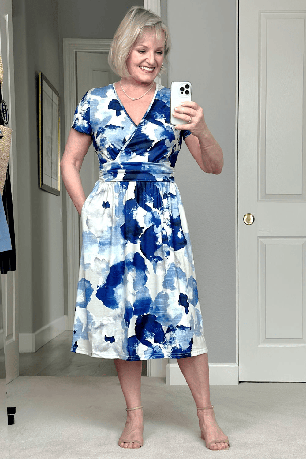 mature woman wearing blue amazon sundress