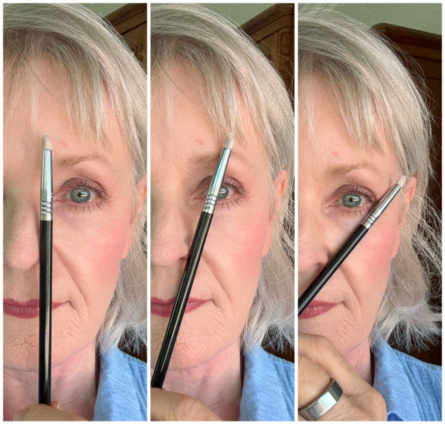 Demonstration of how to map eyebrows over 60 using a makeup brush for natural shape and arch