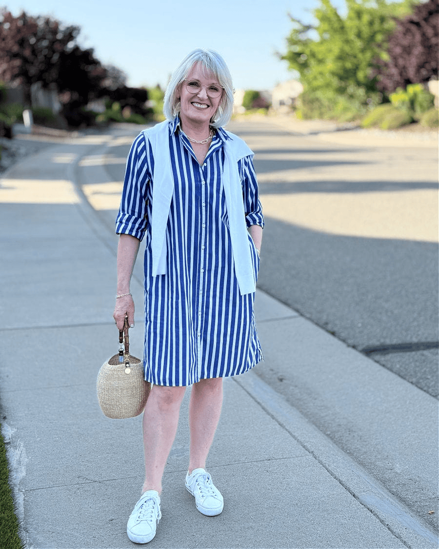 Quick outfit formula with striped dress and white sneakers for effortless style over 60