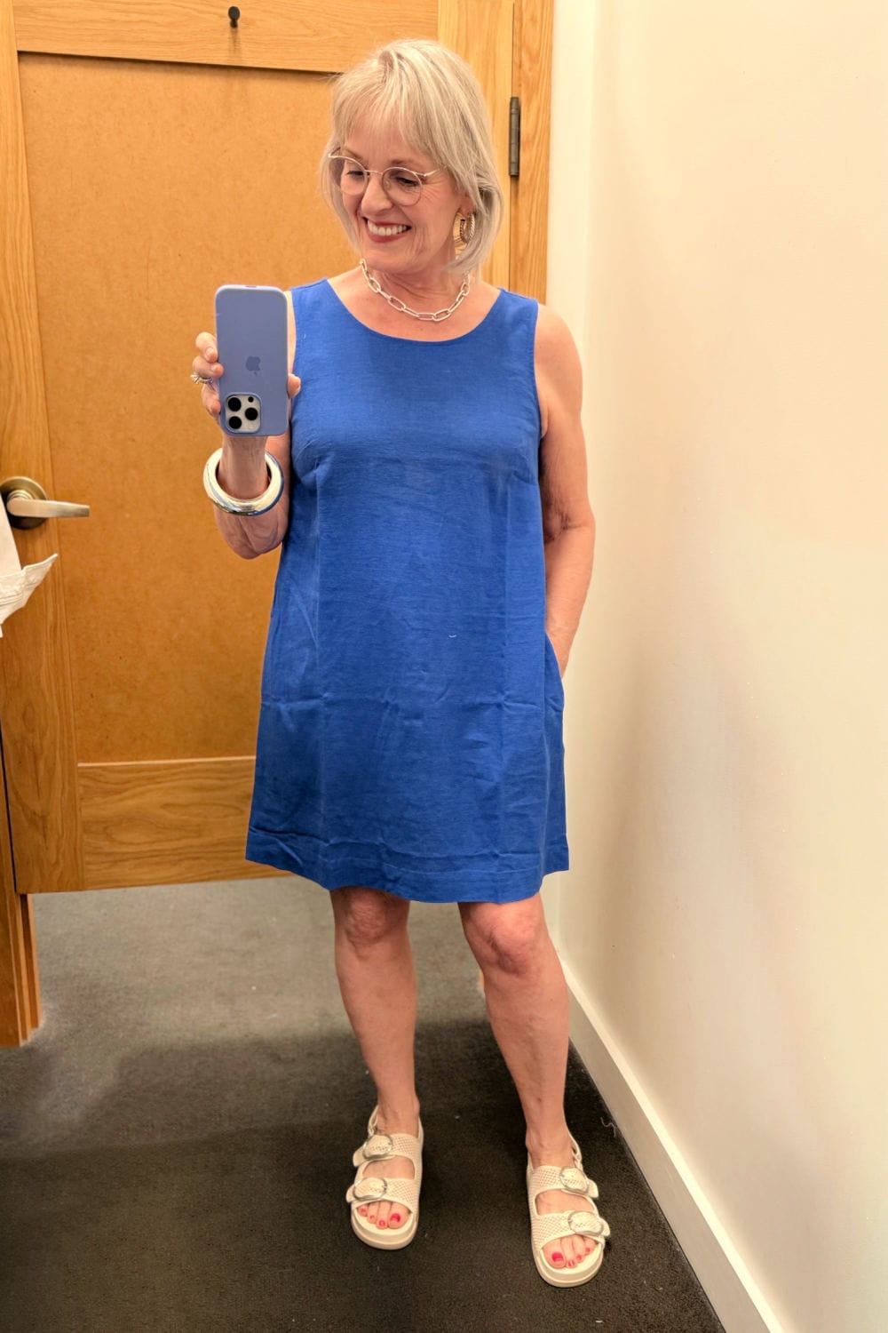 Linen blend sleeveless shift dress in blue for warm summer days