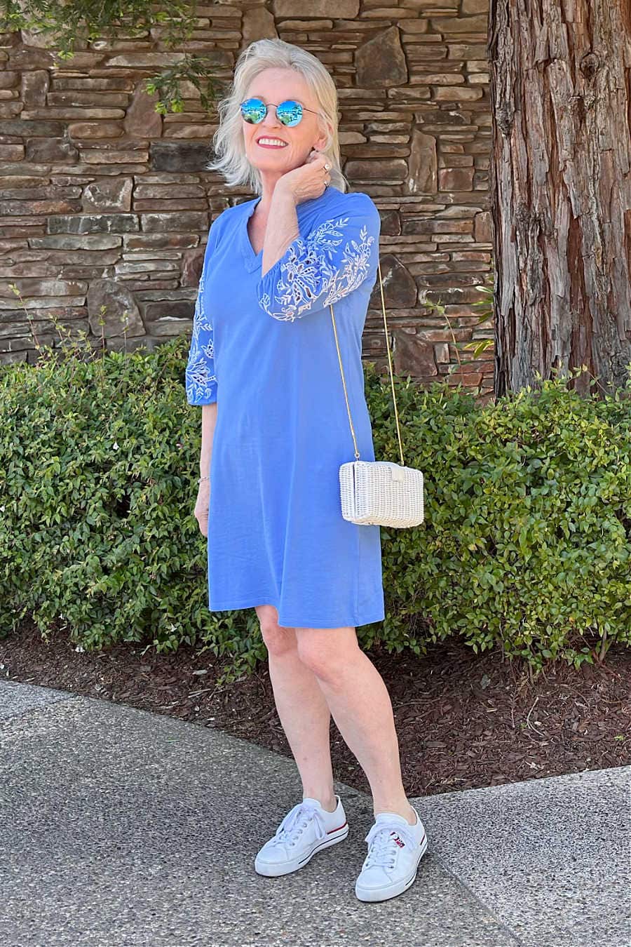 Blue striped drop waist linen dress from Talbots, flattering casual dress for older women