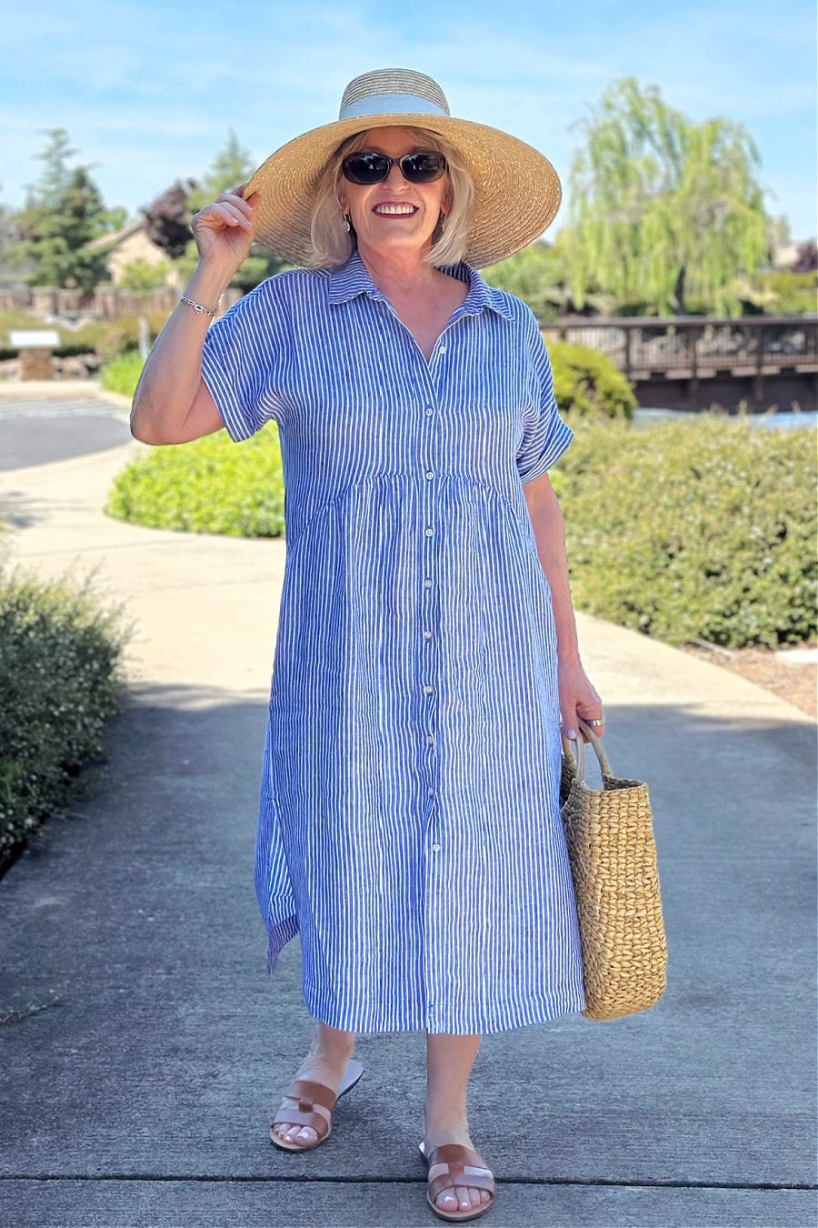 talbots drop waist striped linen shirtdress on older woman