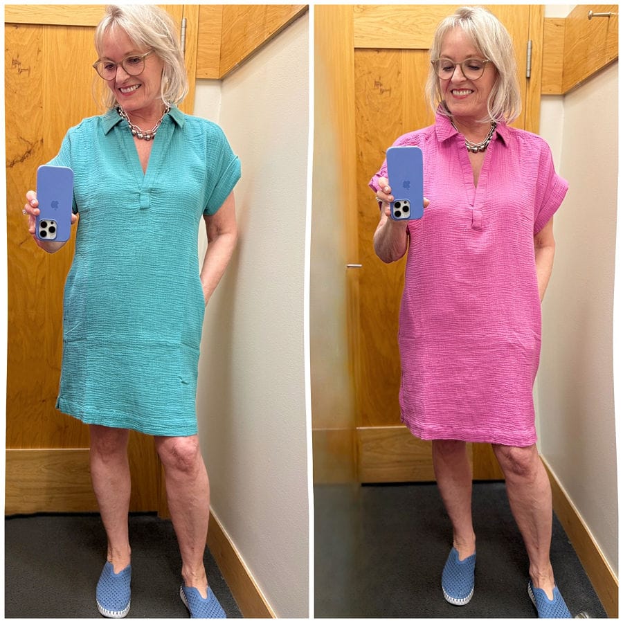 Side-by-side try-on of J.Crew Factory cotton gauze popover dress in two sizes, perfect lightweight dress for older women