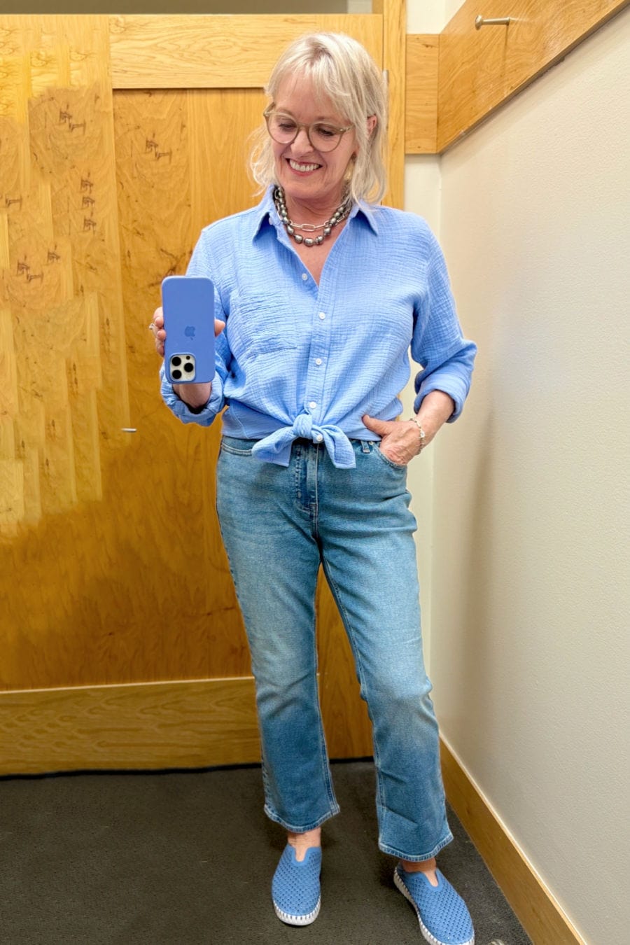 Over 50 fashion try-on featuring cotton gauze shirt and cropped kick flare jeans from J.Crew Factory