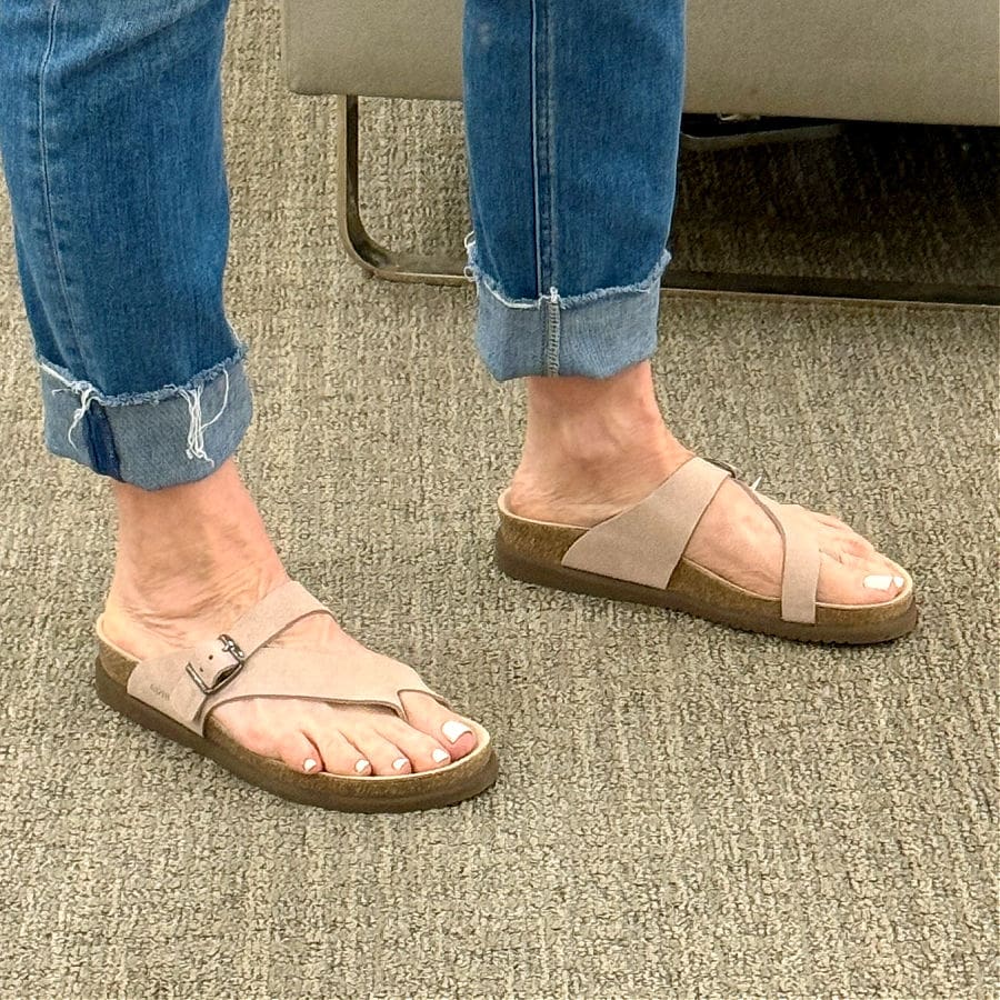 Light sand suede toe loop sandal with cork footbed