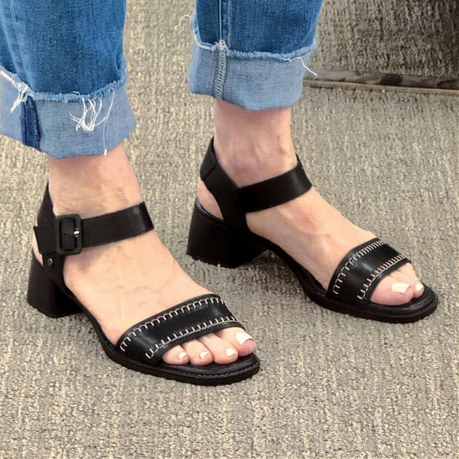 Black leather ankle strap sandal with whipstitch detail
