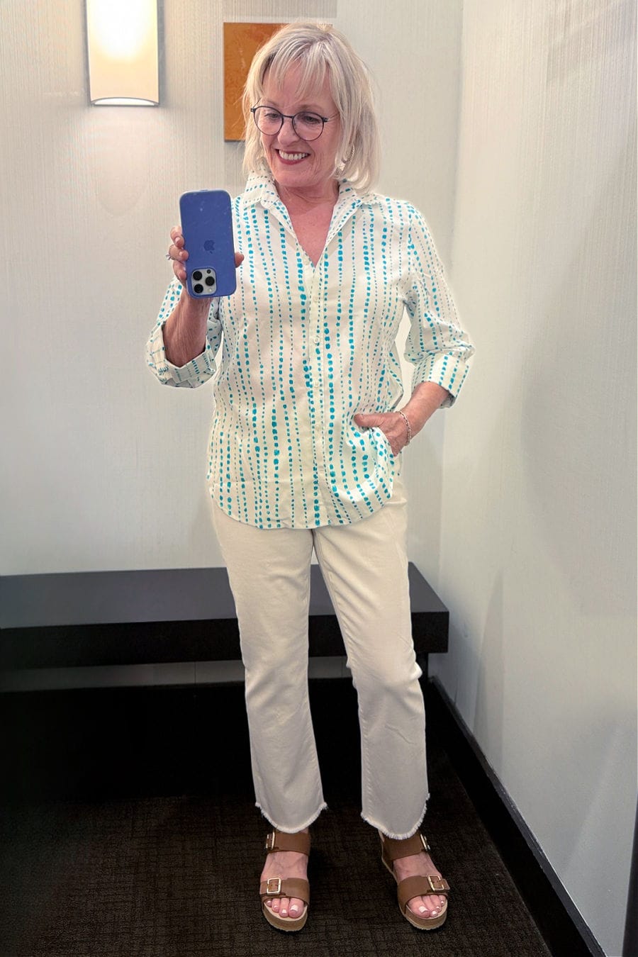No-iron bubble print shirt styled with girlfriend kick flare jeans at Chico’s summer try-on