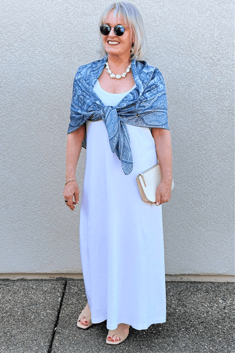 Light summer outfit with sleeveless dress and scarf