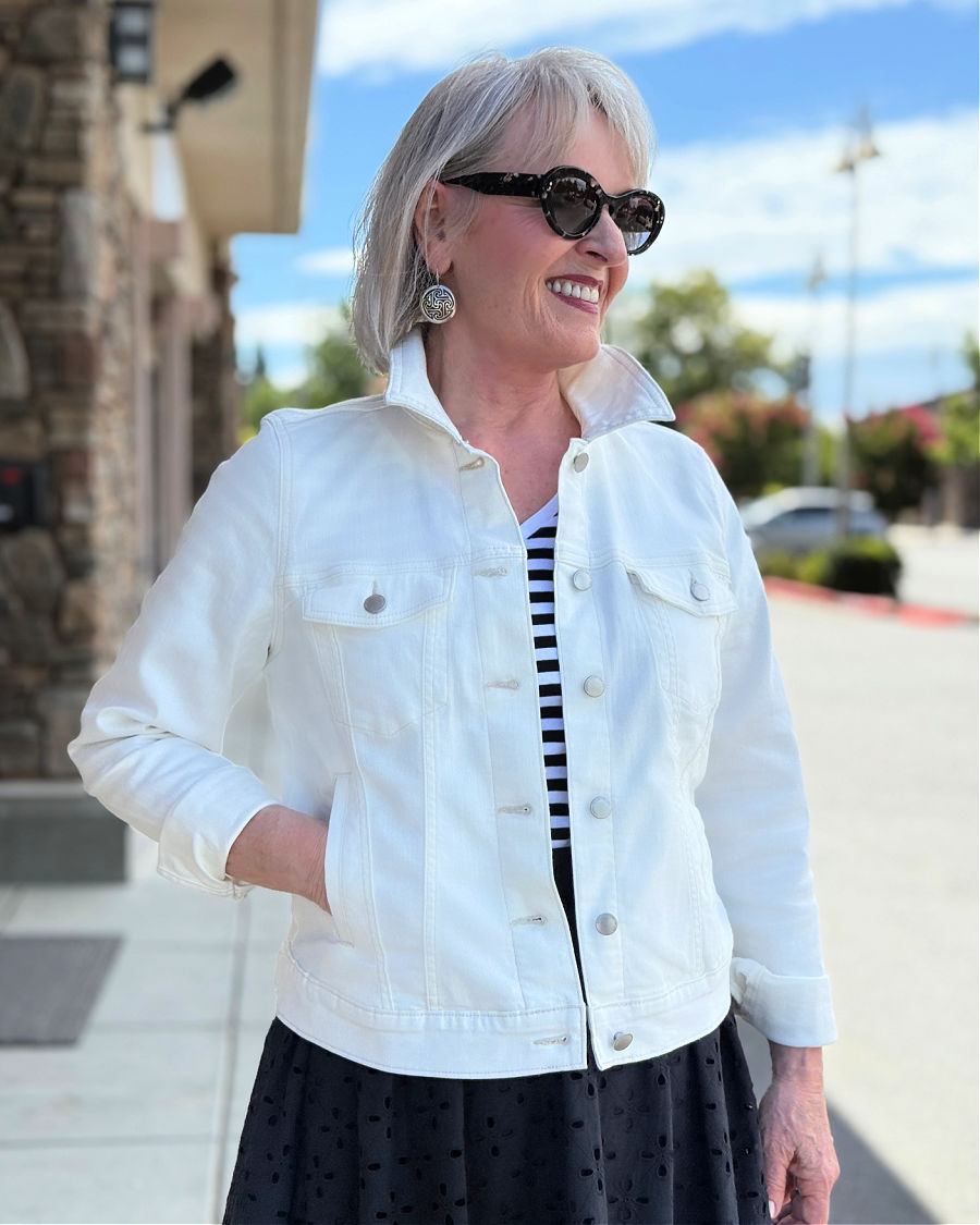 mature woman styling Kohls summer 2025 Soft ecru denim jacket with silver buttons