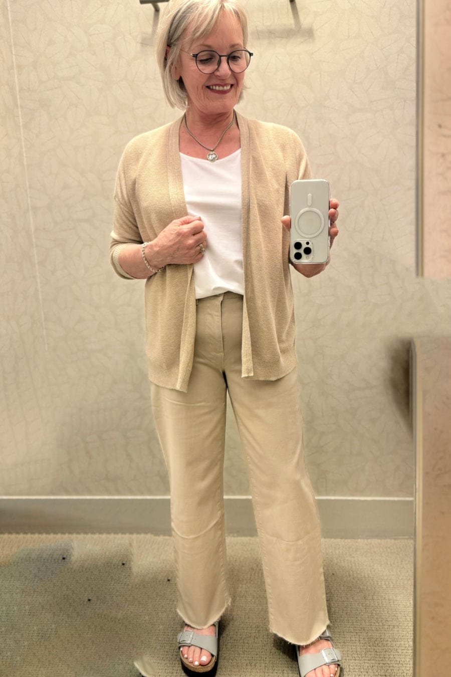 wide leg jeans and cardigan from dressing room try on at J.Jill