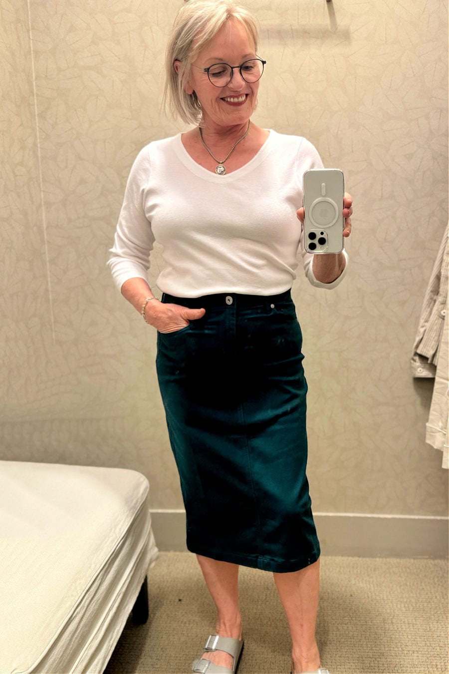 j.jill midi denim skirt in adriatic sea with white tee