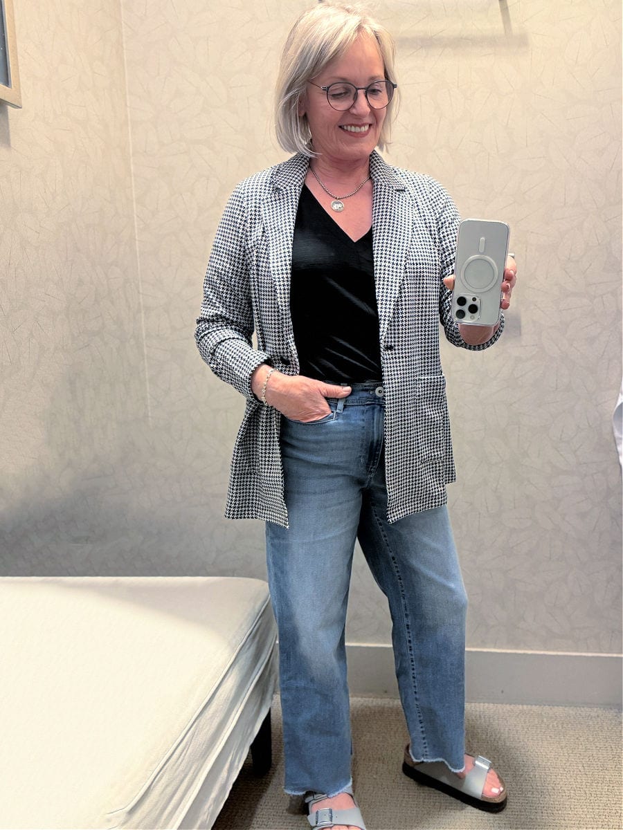 j.jill jacquard blazer over wide leg ankle jeans