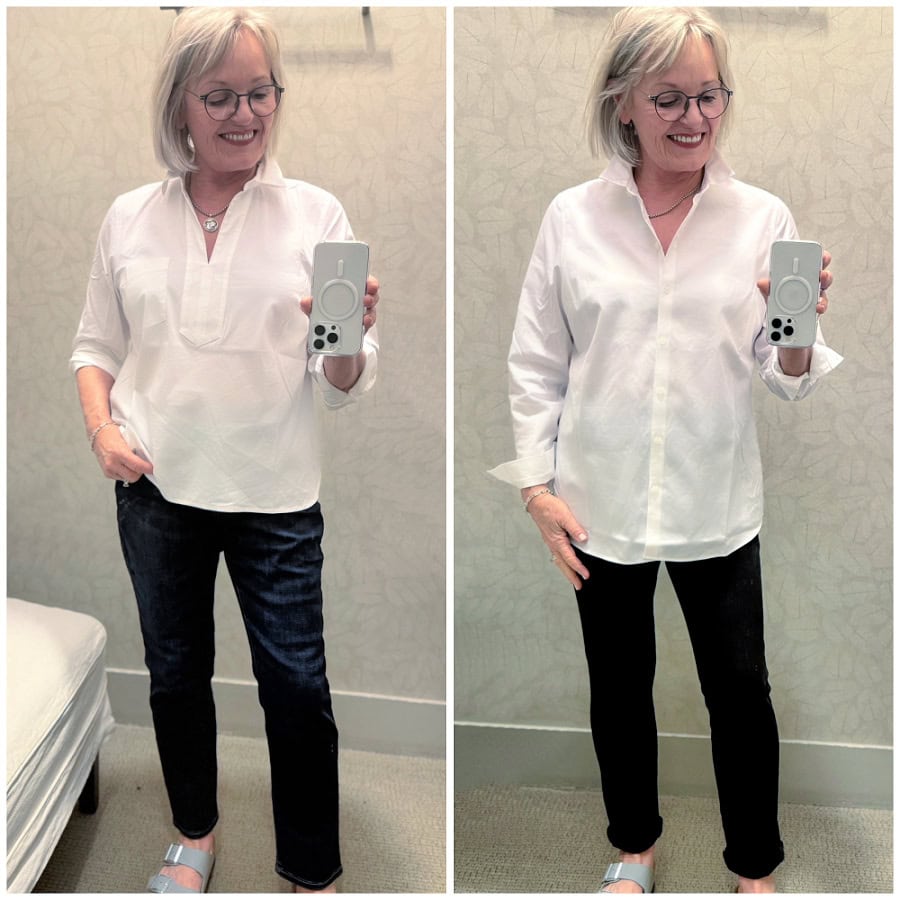 side by side image of white cropped shirt and long tunic over narrow leg pants