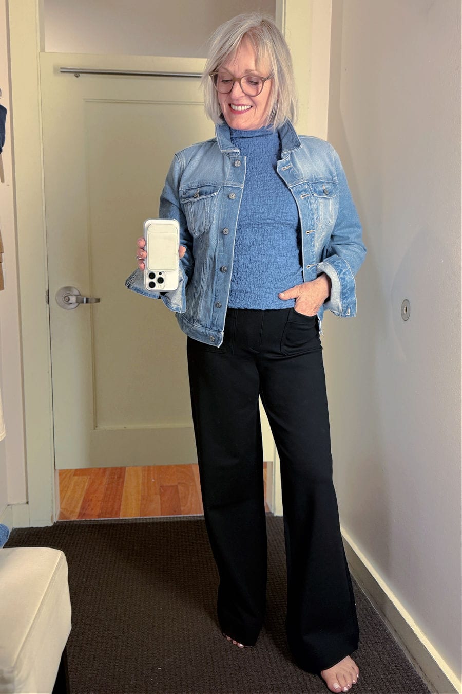 woman wearing new jacket top amd jeans from Loft fall 2025 collection