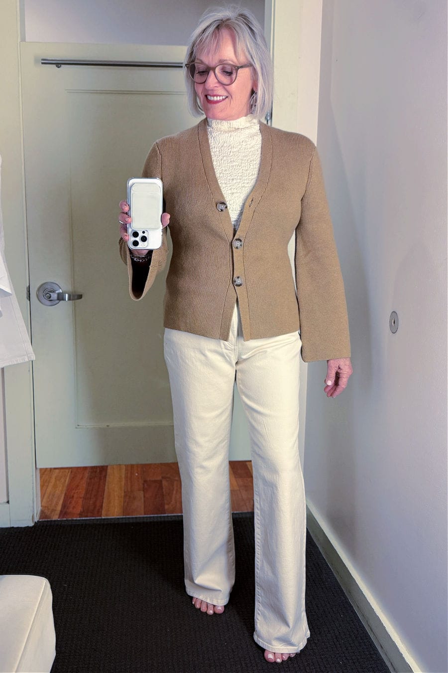 Loft wide sleeve sweater over ivory wide leg jeans